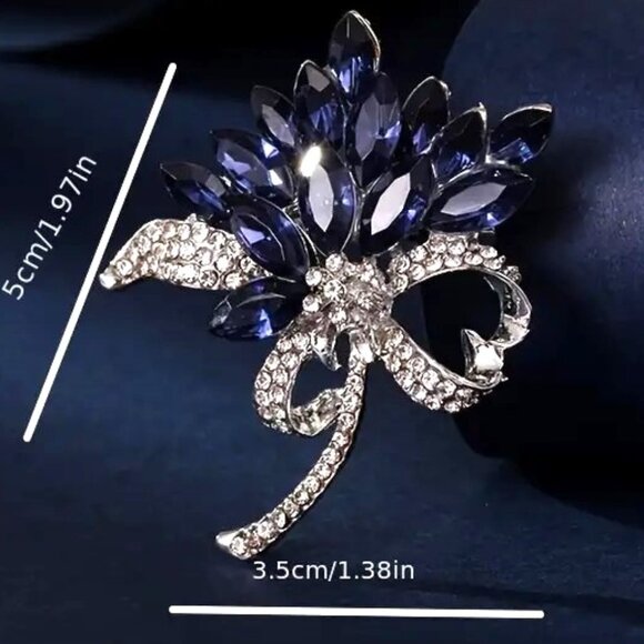 Flower Brooch Sapphire Blue Rhinestone Bouquet Bow Pin Sparkle Glam Elegant - Picture 4 of 4